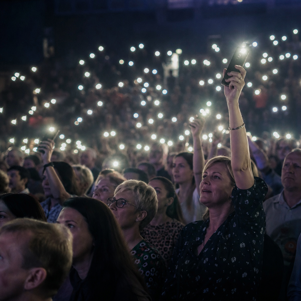 A modern concert audience illuminated by phone lights during a peace song