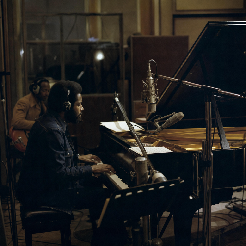 A quiet 1971 recording studio scene with piano and microphone