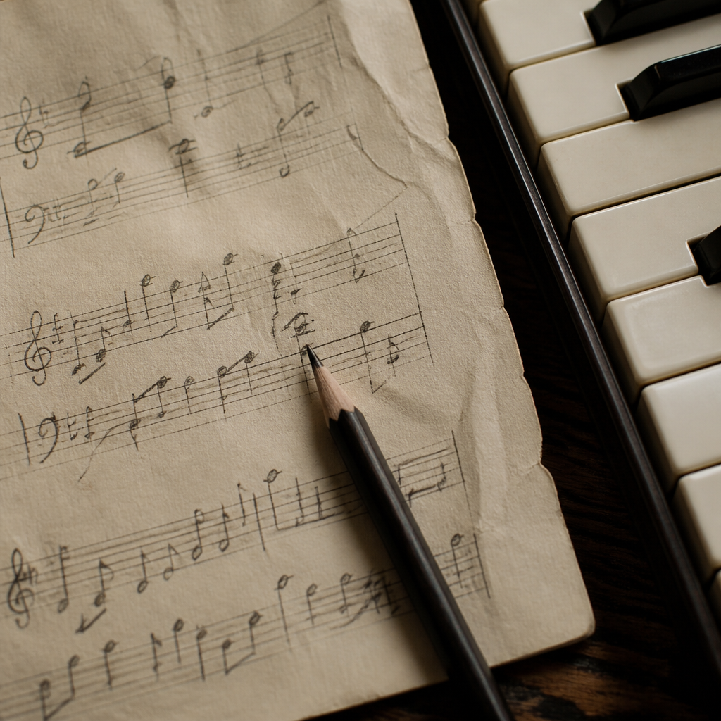A close-up of handwritten song lyrics on paper