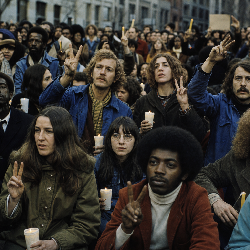 Crowd gathered at a peace rally in the 1970s