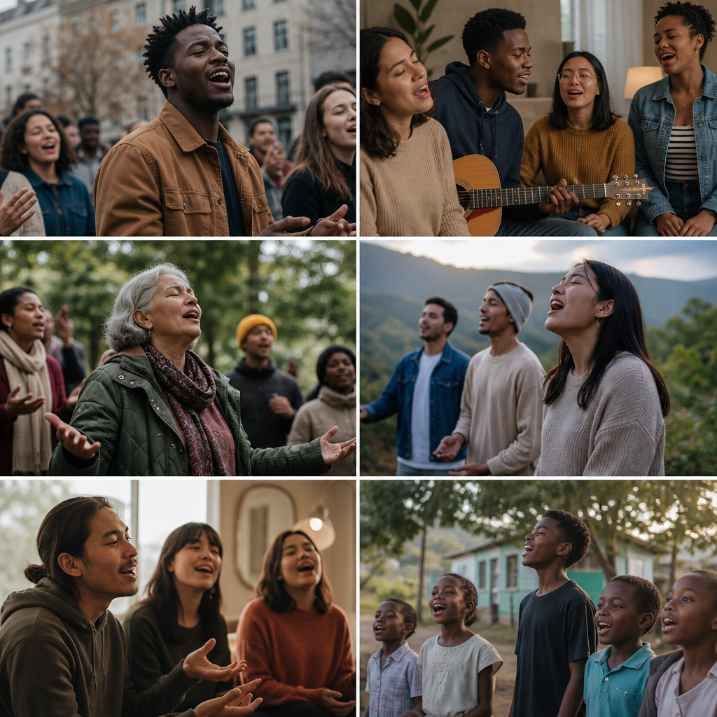 A global montage of people singing together in different settings