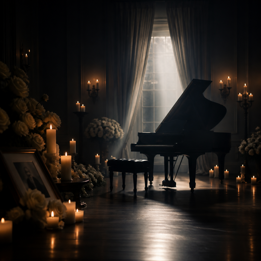 A memorial-style scene with candles and a piano silhouette