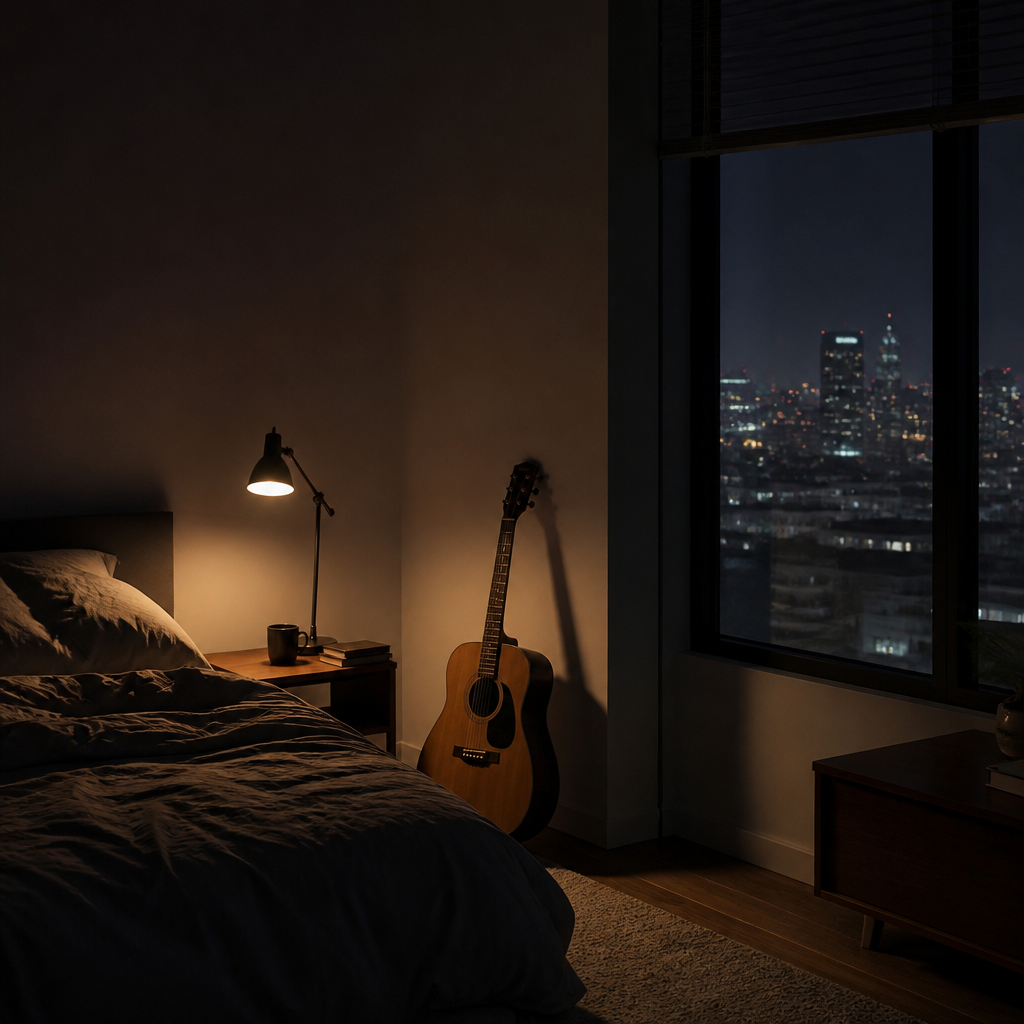 A quiet bedroom with a guitar leaning against the wall and city lights outside