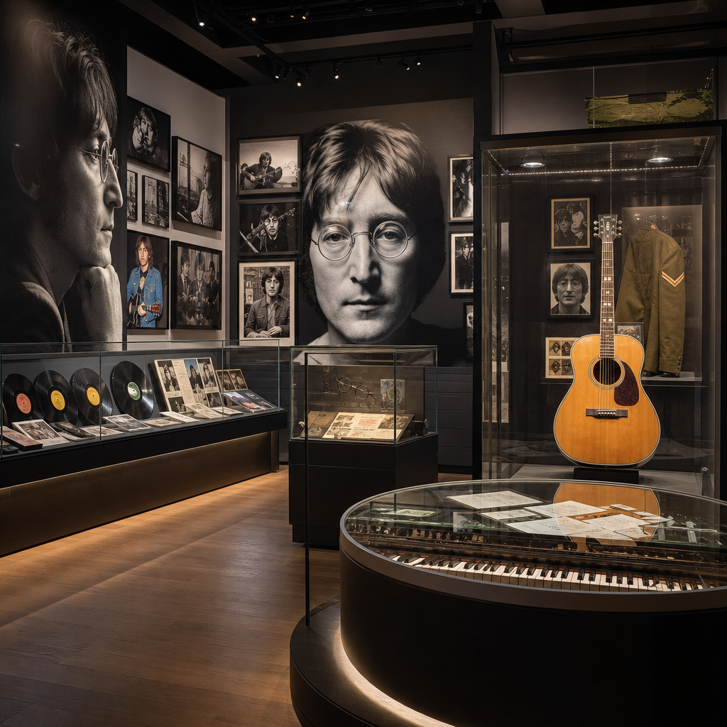 A modern museum-style display honoring John Lennon’s cultural legacy