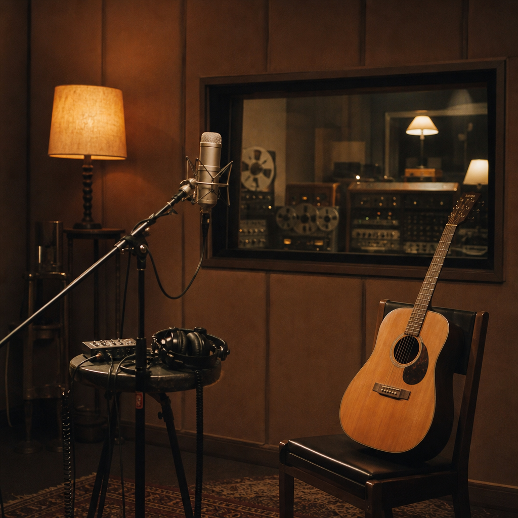 A small 1970 recording studio with a microphone and acoustic guitar