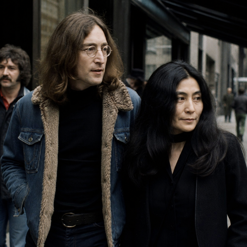 John Lennon and Yoko Ono in a New York-era early 1970s street scene