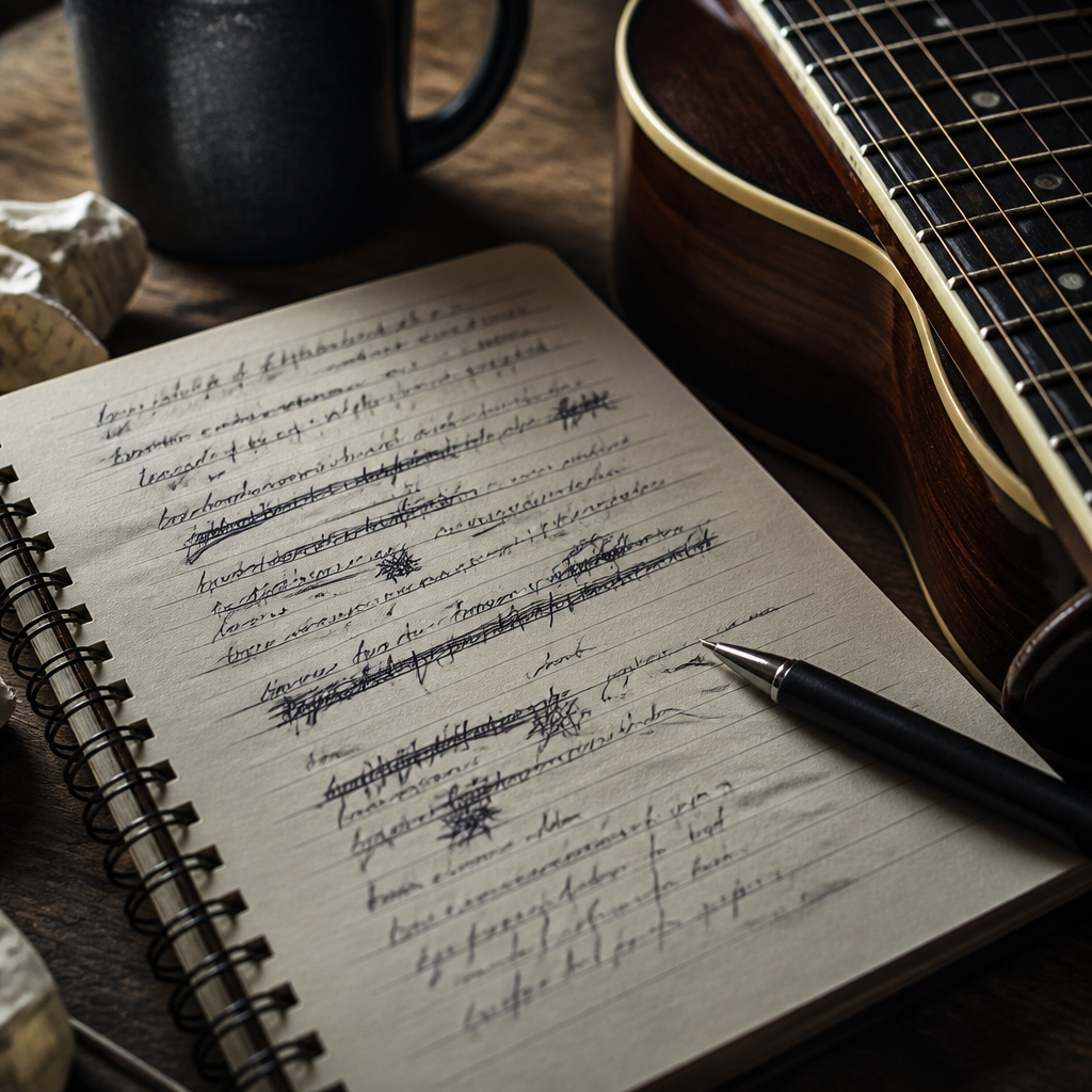 A lyric notebook with handwritten lines and crossed-out phrases
