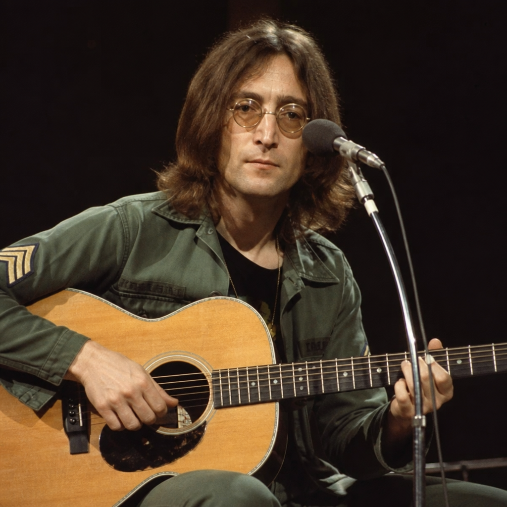 John Lennon performing solo with acoustic guitar on a simple stage