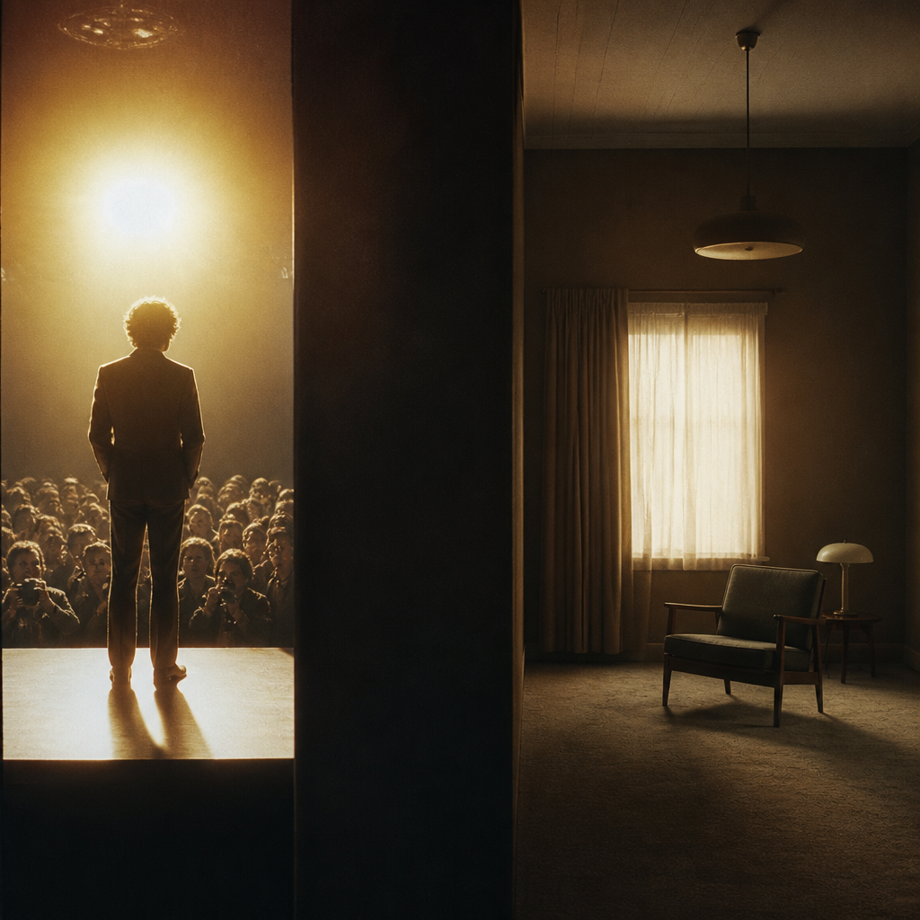 A split visual metaphor of fame and isolation with bright lights and empty room