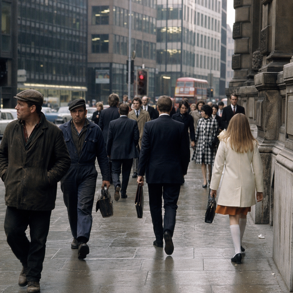 People from different social classes in a city street, showing contrast and tension