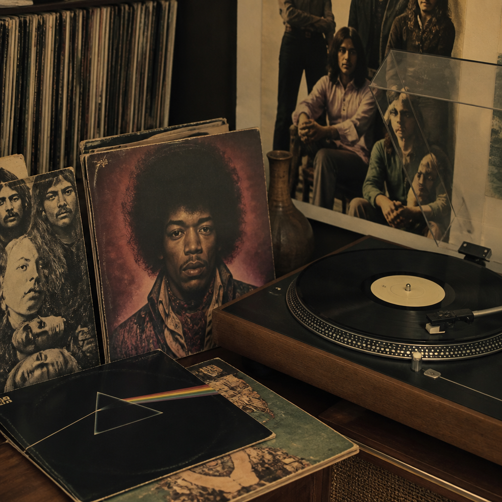 John Lennon’s solo album era represented by vinyl records and a turntable