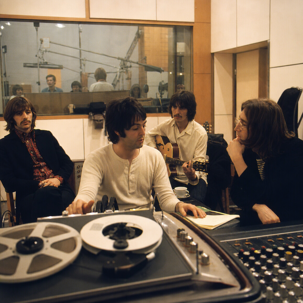 The Beatles at Abbey Road studio during the Sgt. Pepper era