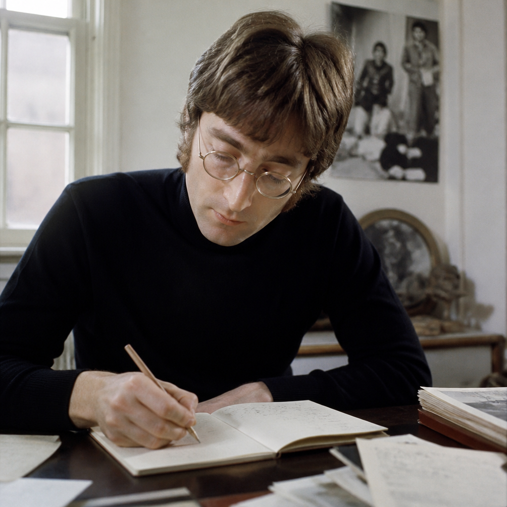 John Lennon writing lyrics in a notebook