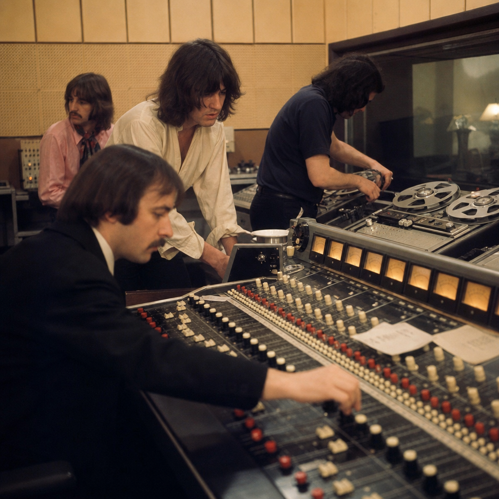 Abbey Road control room with engineers balancing a complex mix