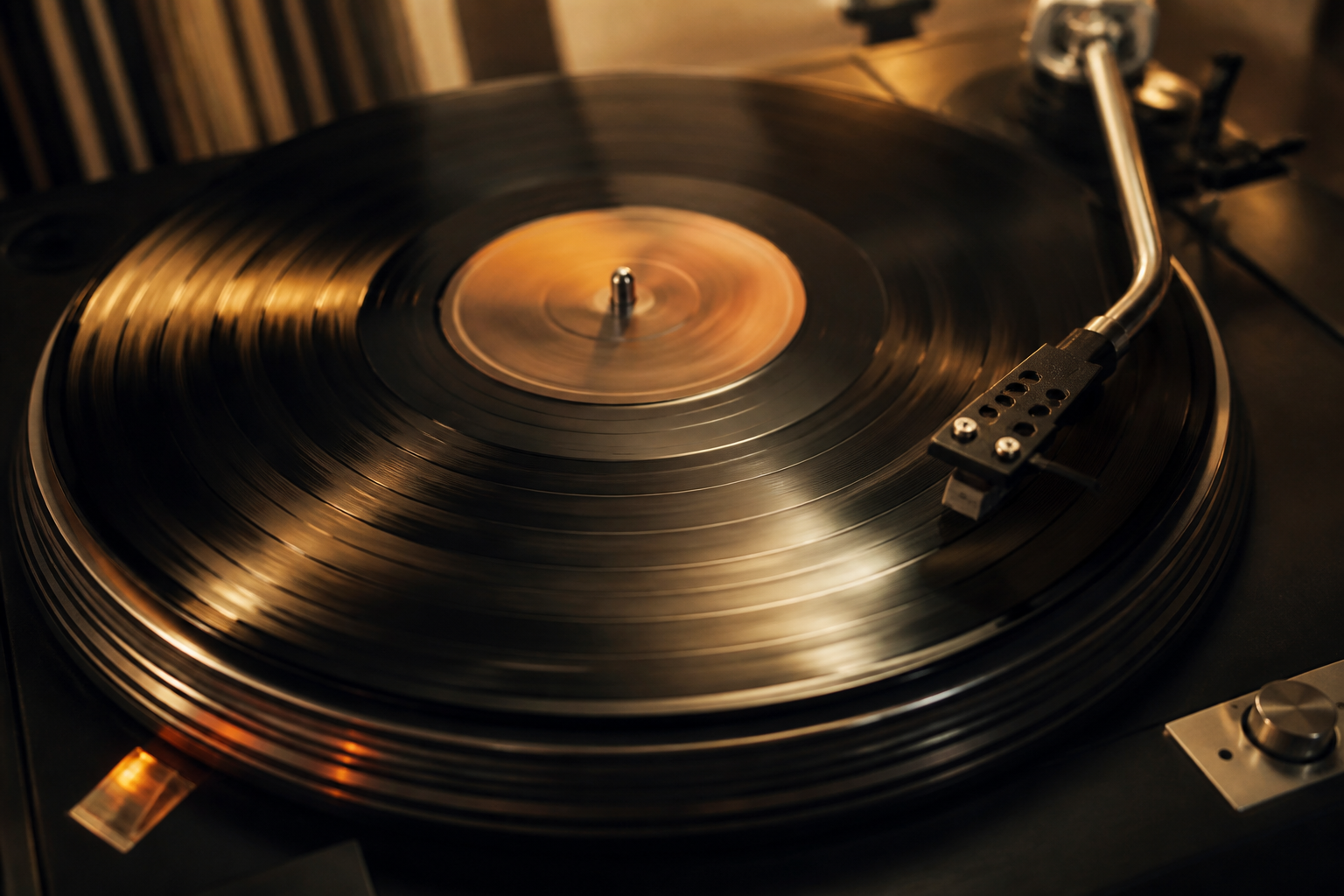 Close-up of a spinning vinyl record with energetic grooves, editorial style