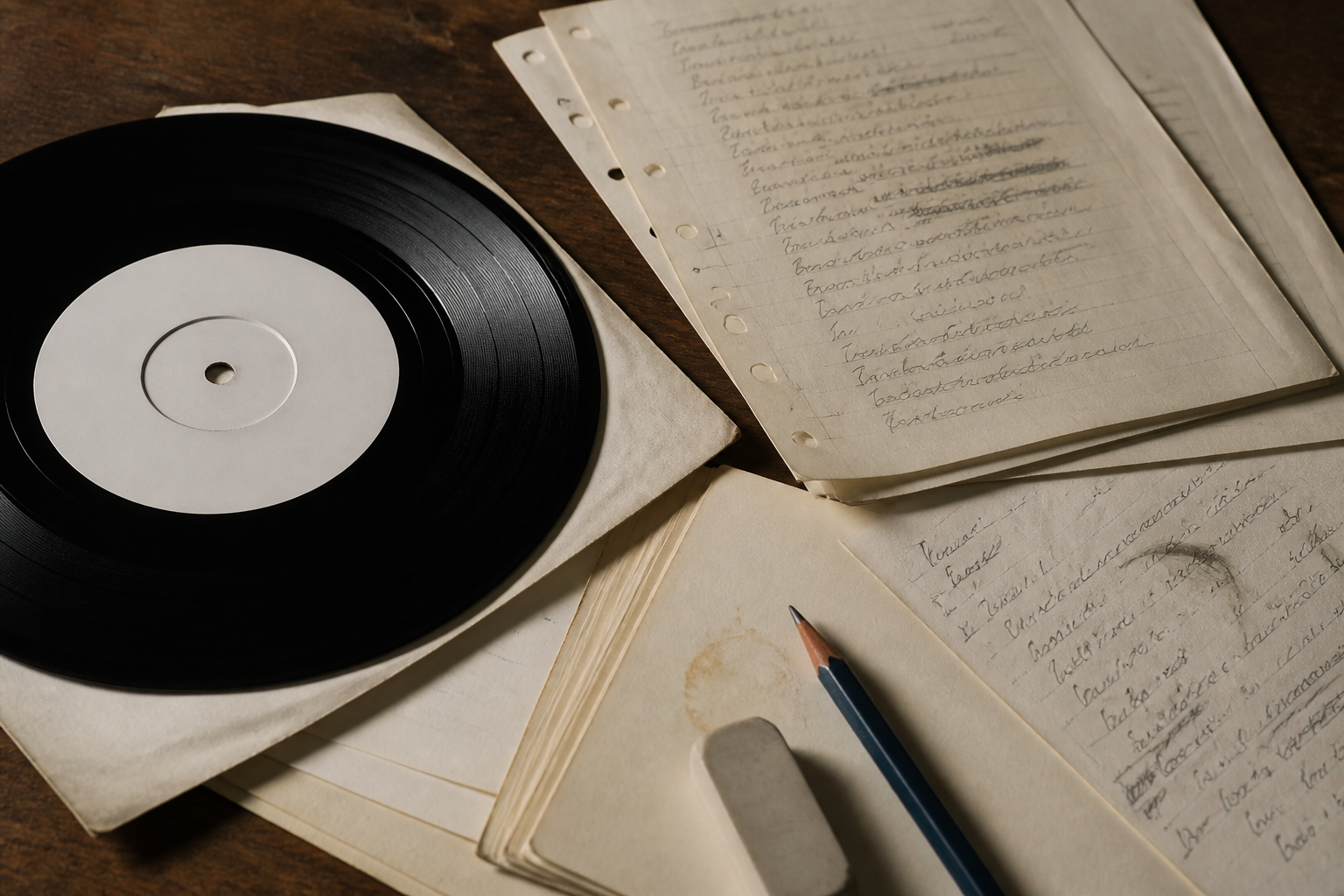 Vinyl single and handwritten lyric notes for Instant Karma, editorial style