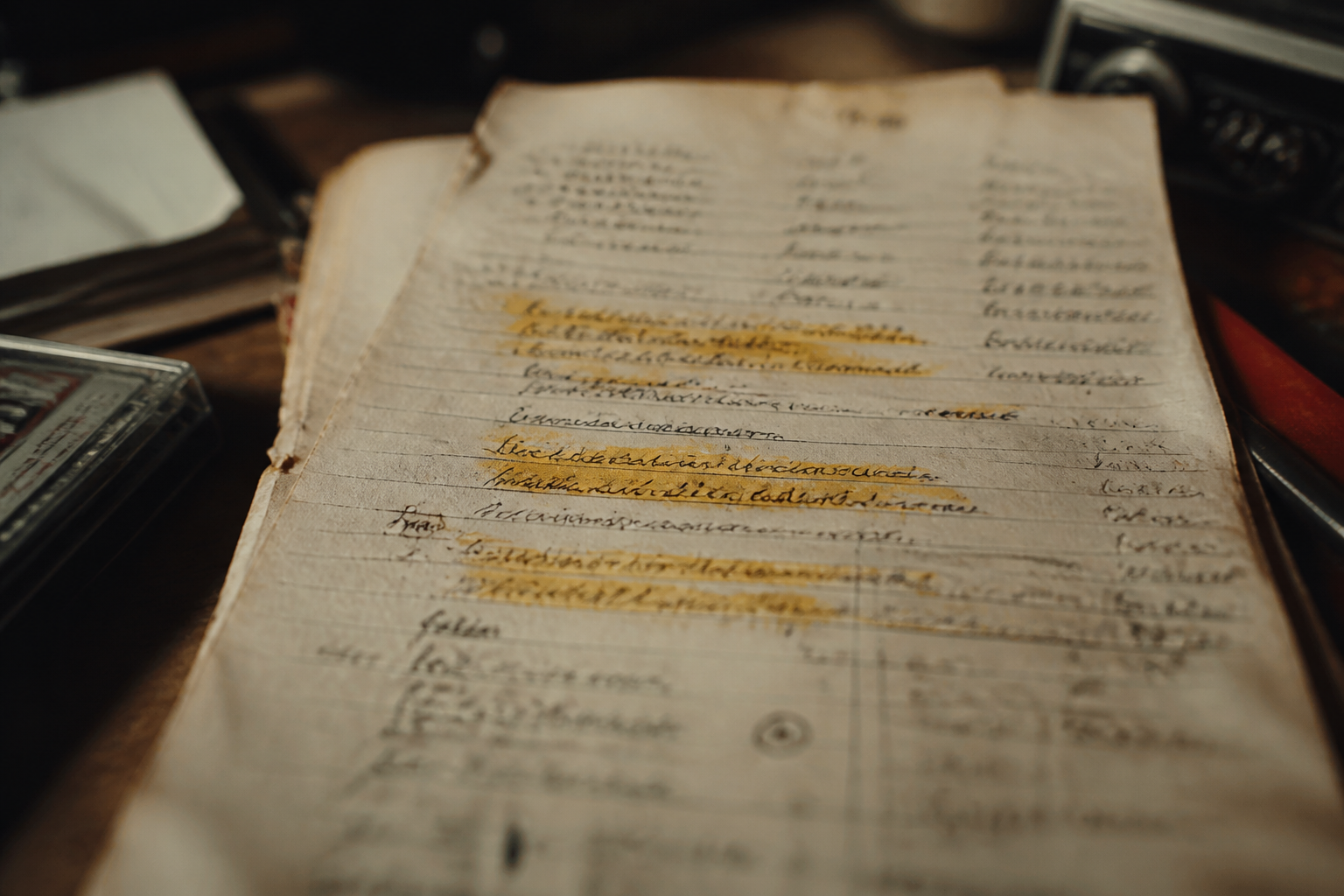 Close-up of a lyric sheet with the words Instant Karma and We all shine on, editorial style