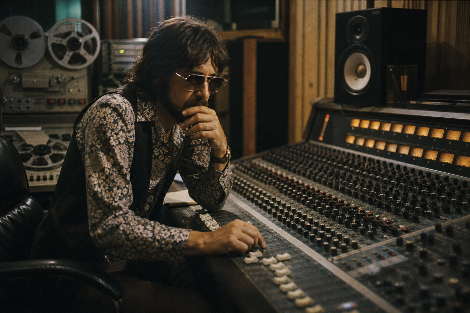 Phil Spector at a mixing console with tape reels, editorial style