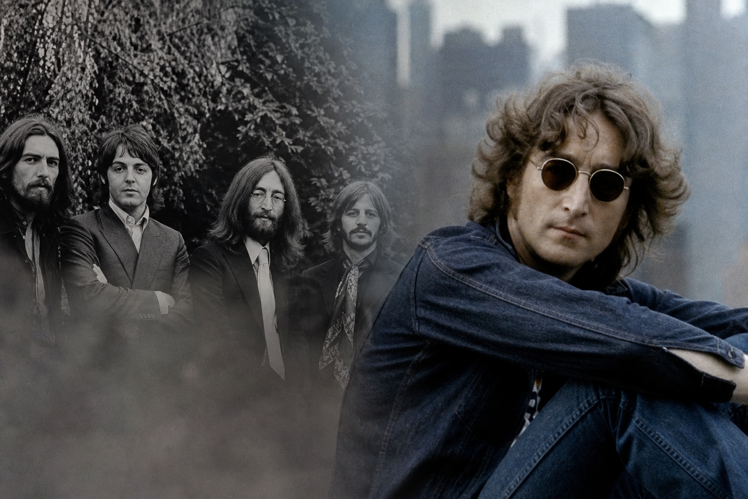 Split-screen style editorial image of The Beatles era and Lennon solo era