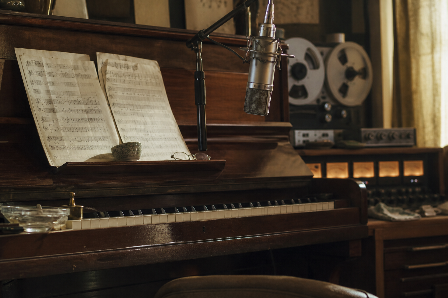 A vintage piano and recording equipment evoking the making of Jealous Guy