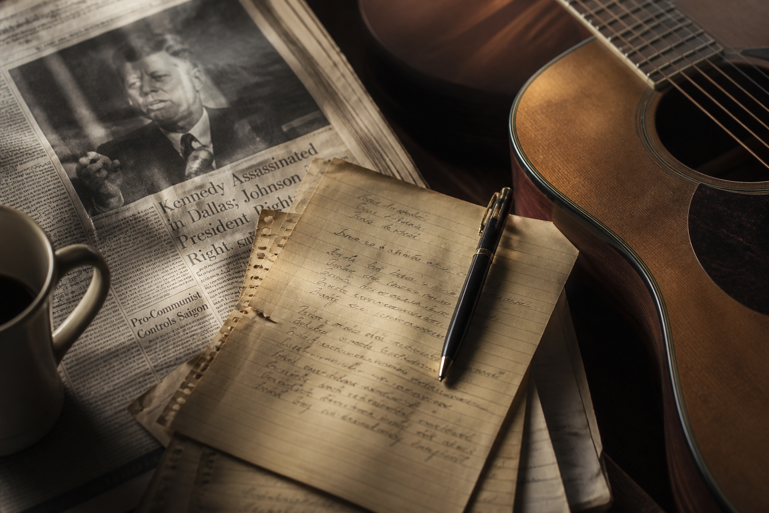 A symbolic closing image of a newspaper fading into music notes and studio light