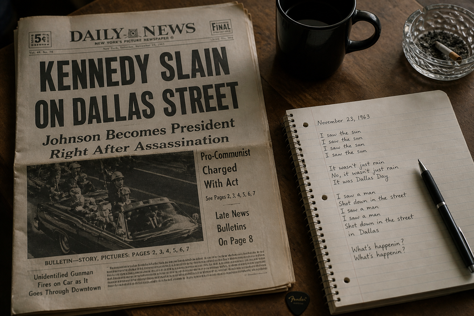 A newspaper on a table beside a notebook and pen, evoking the song’s headline inspiration