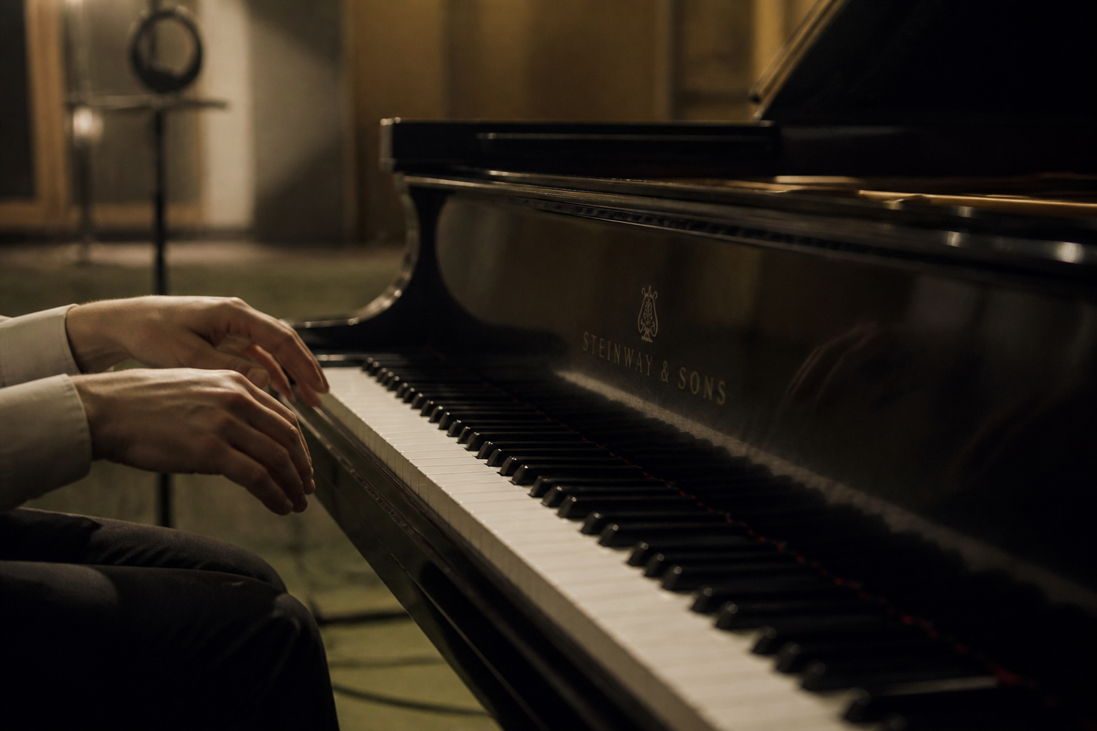 A grand piano in a studio with a sustained final chord atmosphere