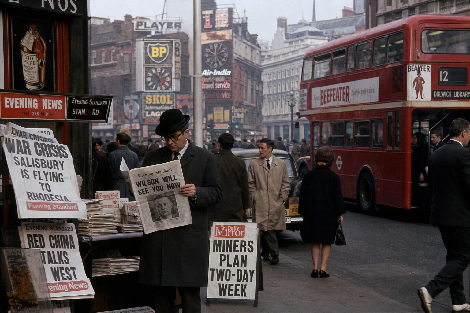 1967 newspaper stands and London street life, evoking the cultural atmosphere of the era