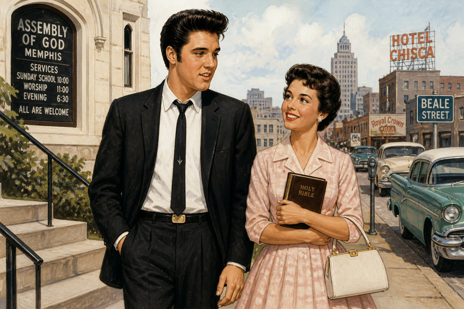 Illustration of young Elvis Presley with Dixie Locke in 1950s Memphis
