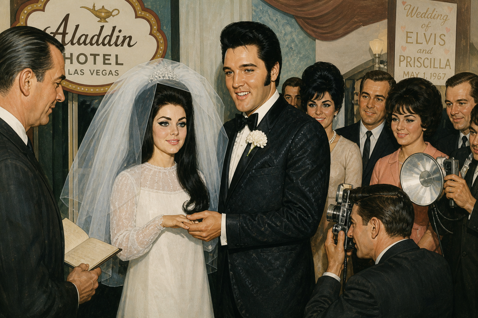 Illustration of Elvis and Priscilla Presley at their Las Vegas wedding
