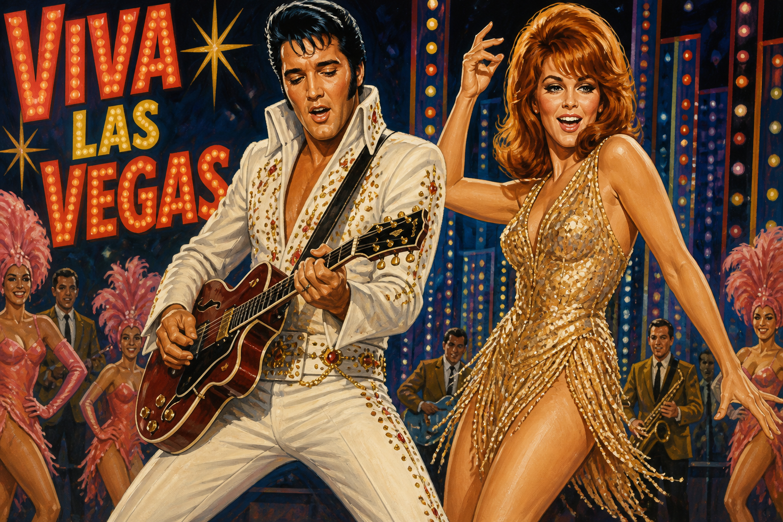 Illustration of Elvis Presley and Ann-Margret performing in Viva Las Vegas