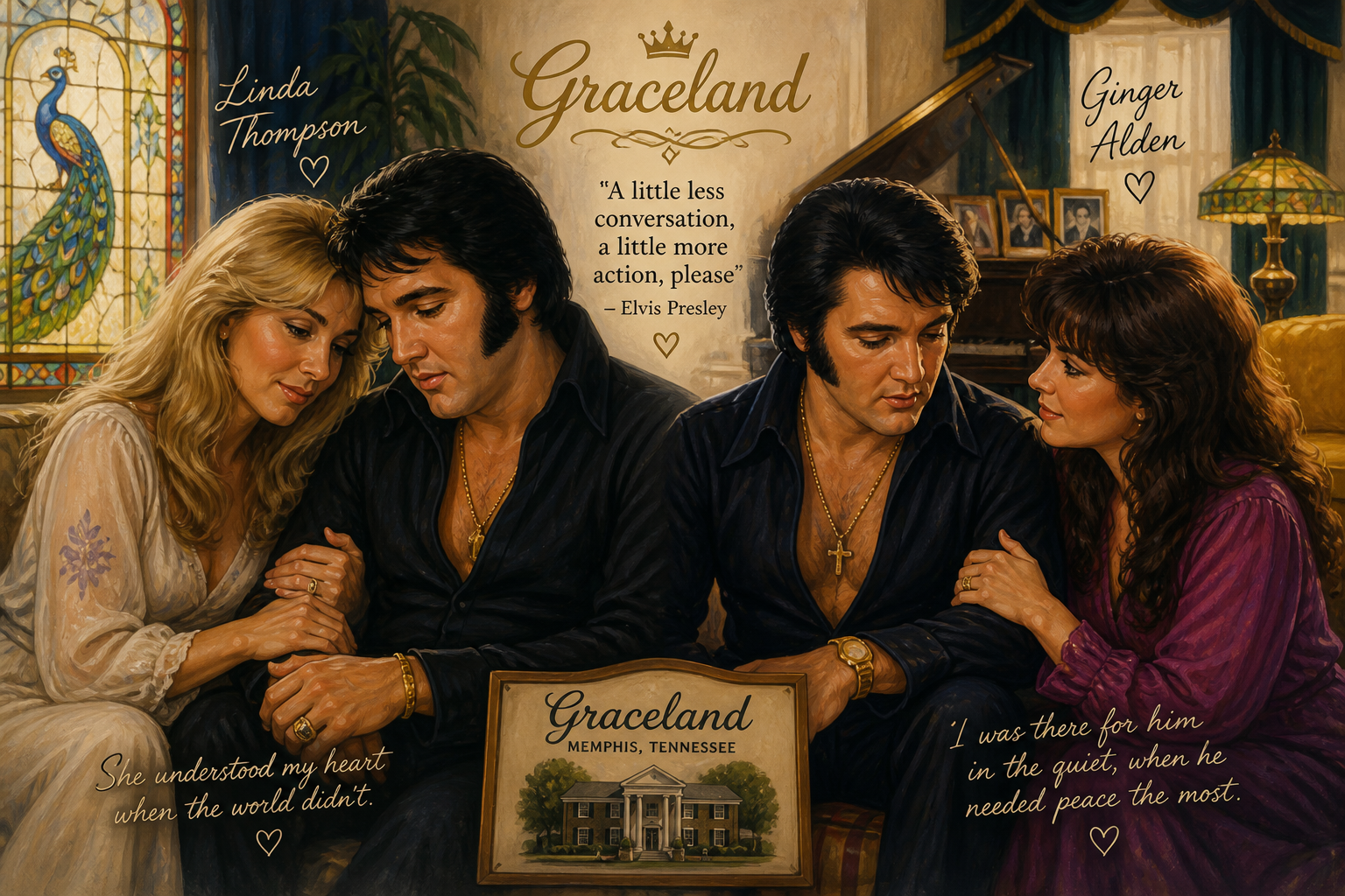 Illustration of Elvis Presley with Linda Thompson and Ginger Alden at Graceland