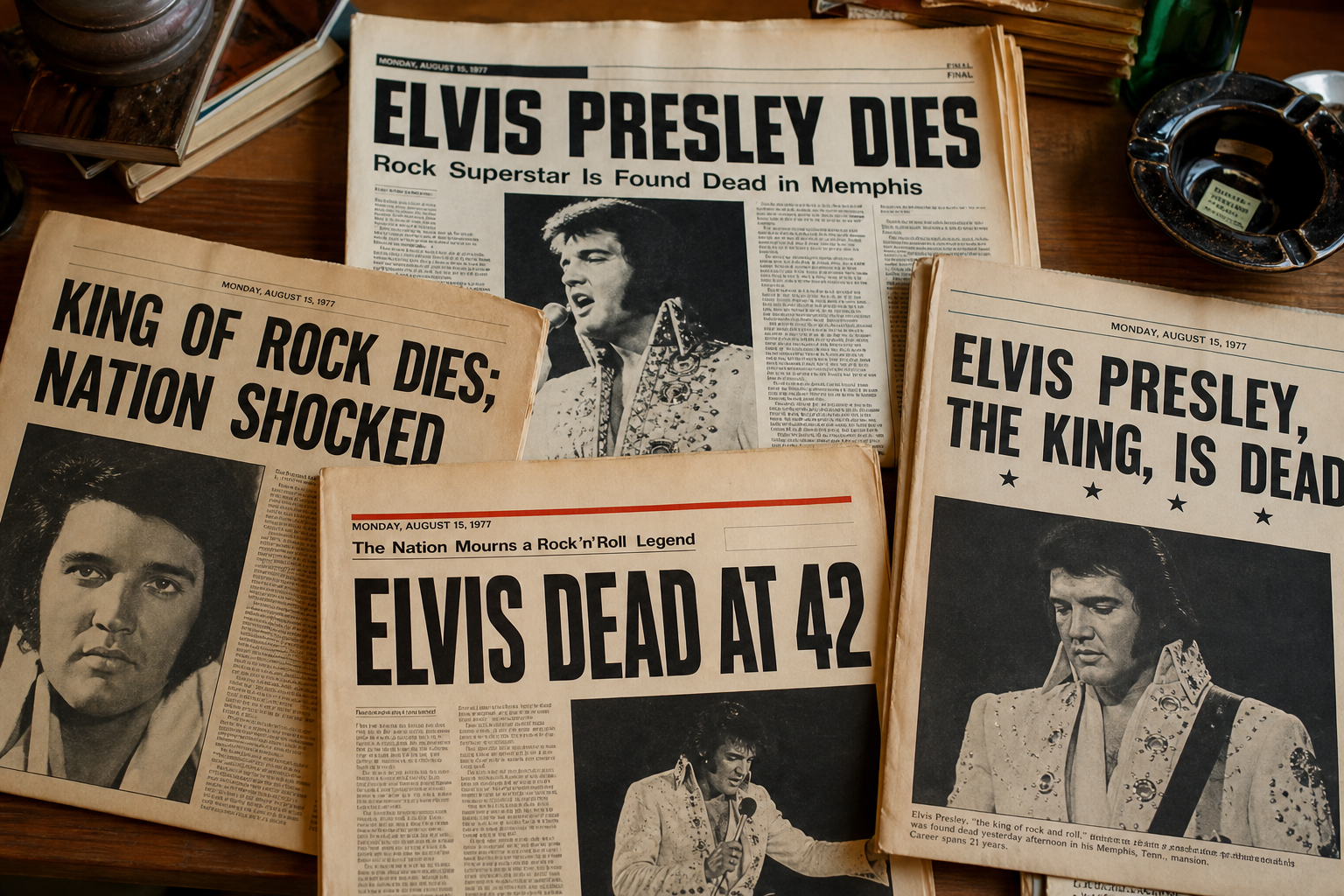Newspaper headlines announcing Elvis Presley’s death