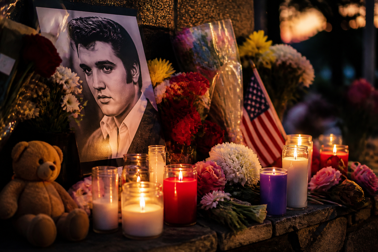 Memorial candles and tributes for Elvis Presley