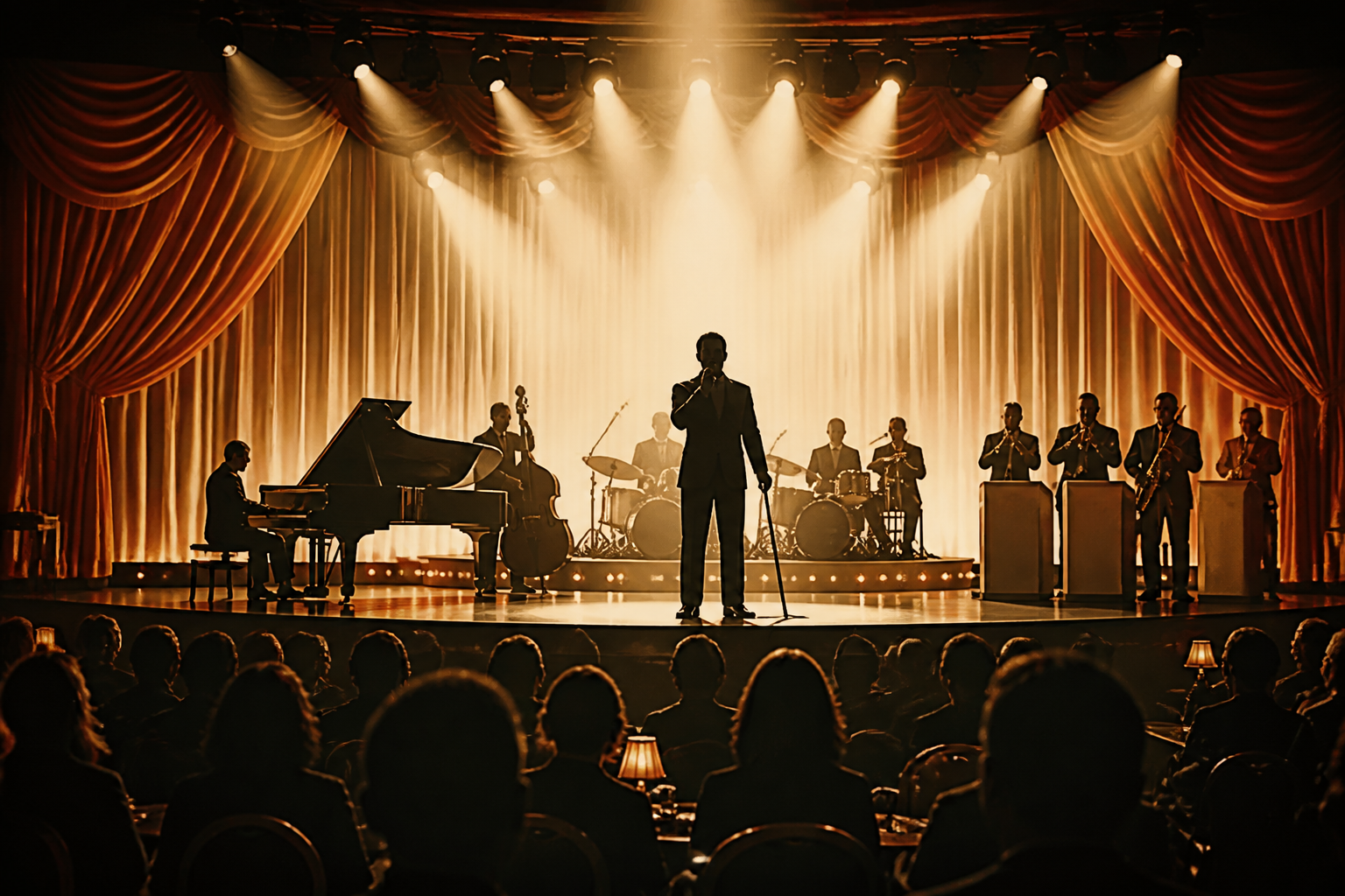 Vintage-style Las Vegas showroom stage with a singer under bright lights