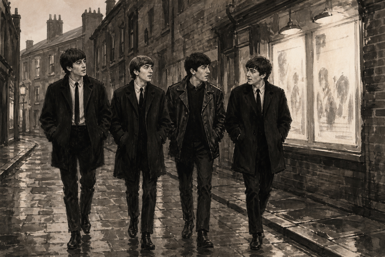 editorial illustration of four young musicians walking through a Liverpool street