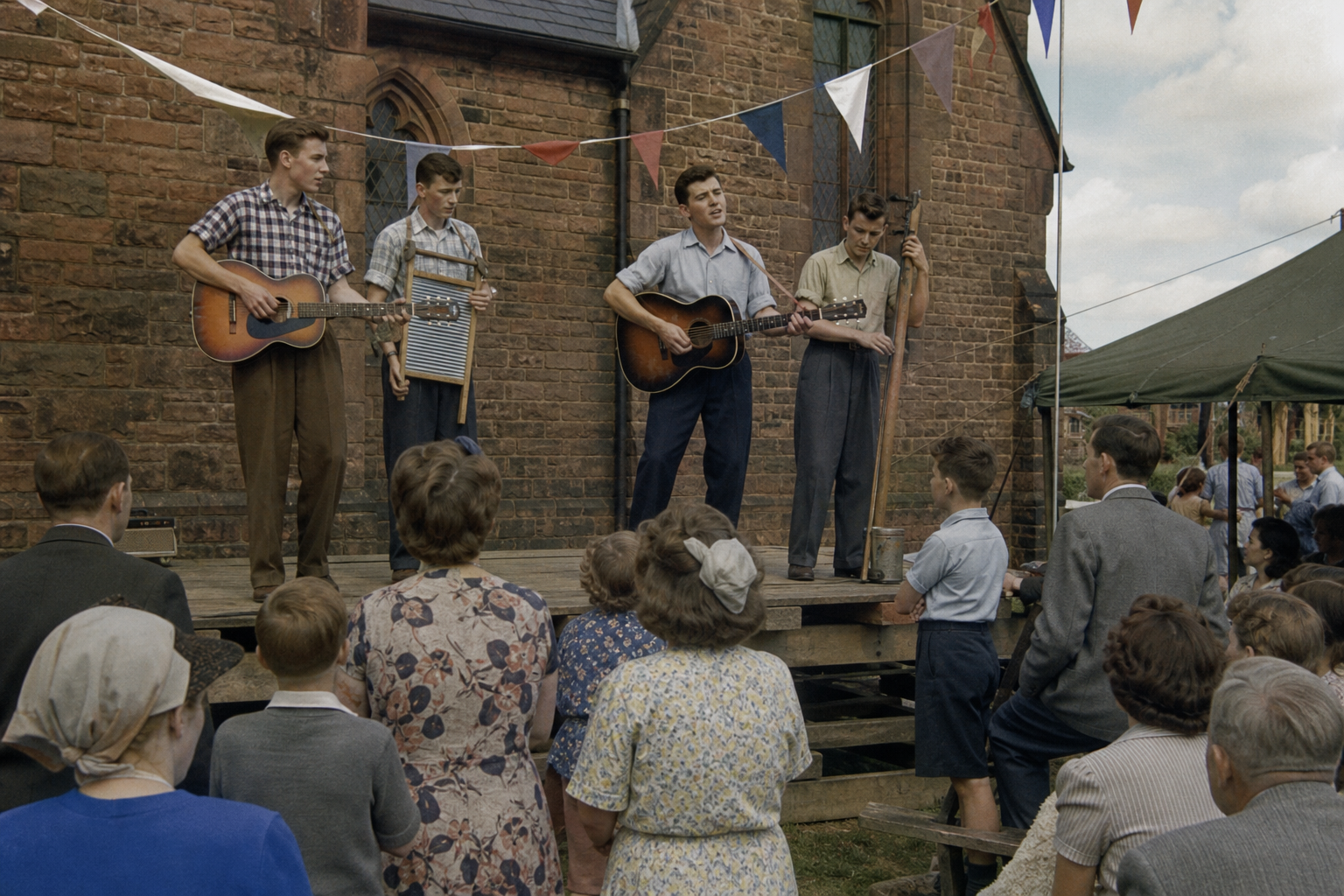 young skiffle band performing at a church fete in 1950s Liverpool