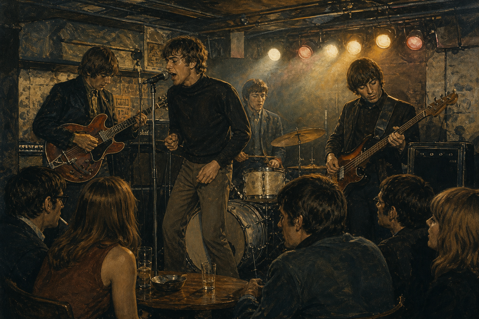 1960s rock band rehearsing in a small club with low stage lights