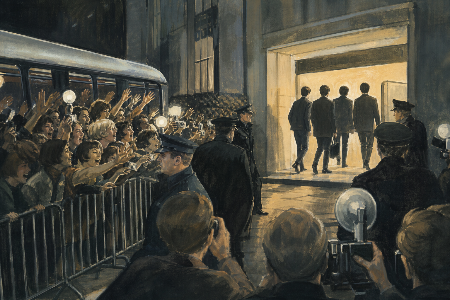 crowd of 1960s fans outside a concert venue with police barriers