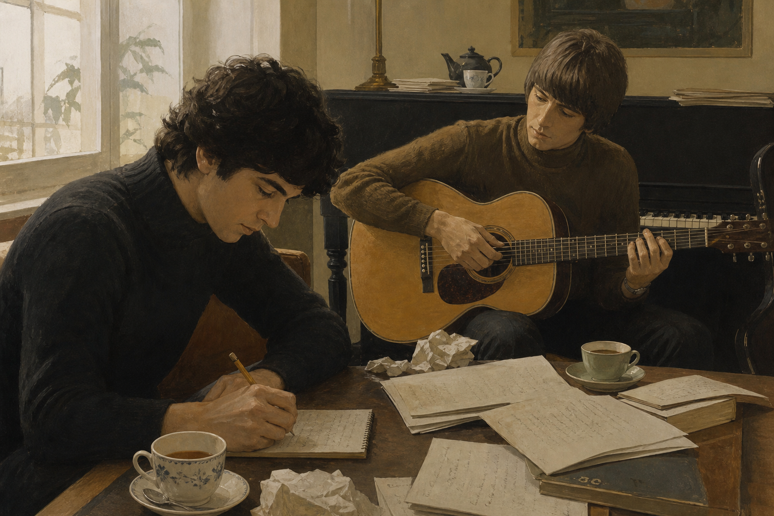 two songwriters working with guitars and notebooks in a quiet room