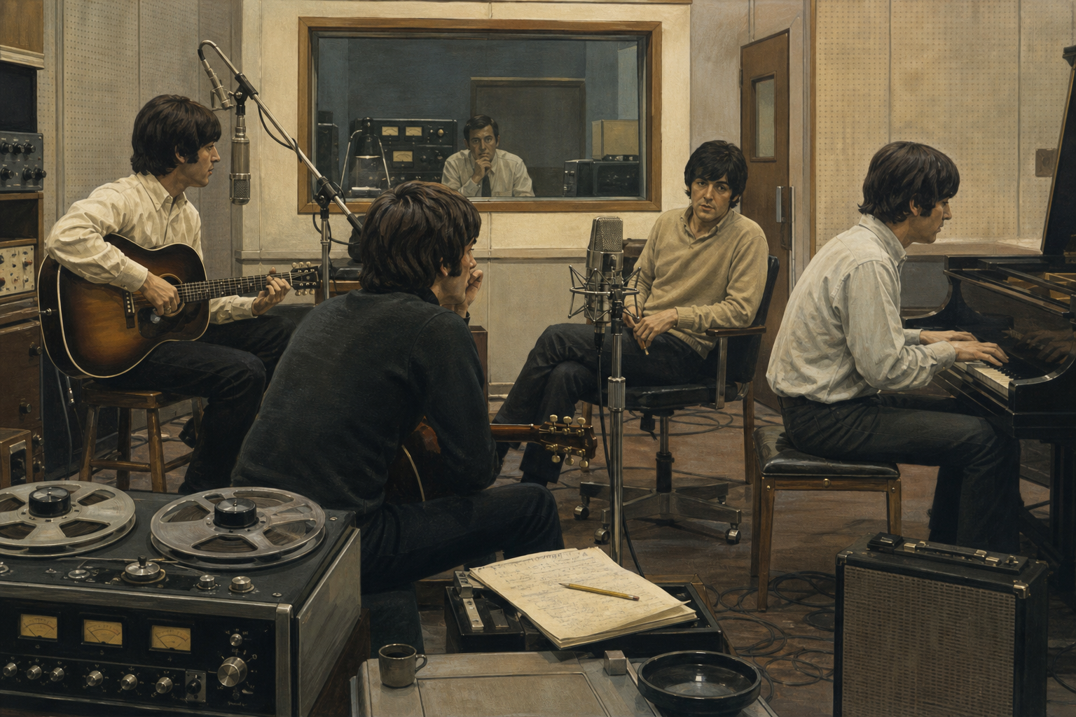band members in a recording studio surrounded by vintage microphones