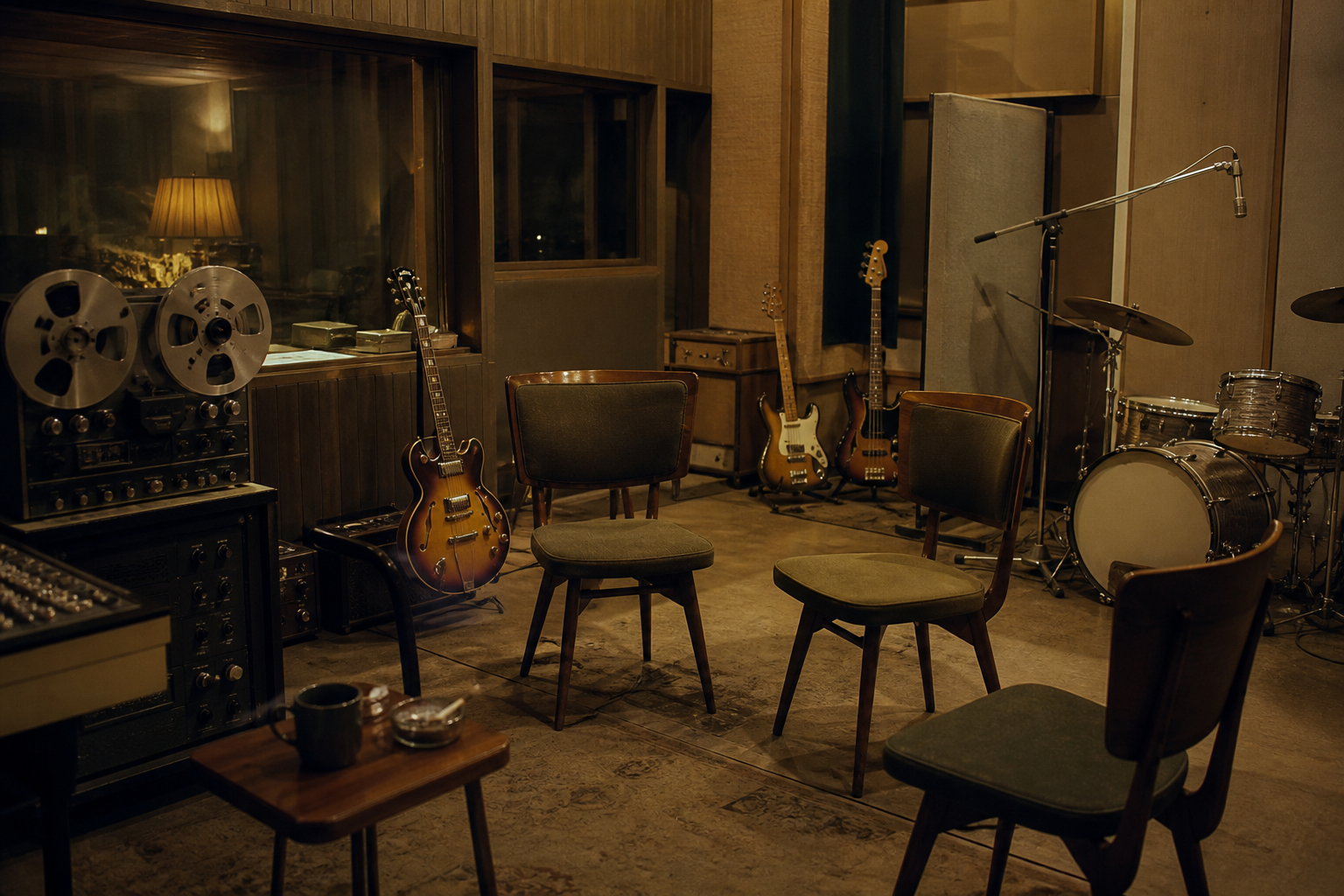 empty studio with four chairs and musical instruments after a recording session