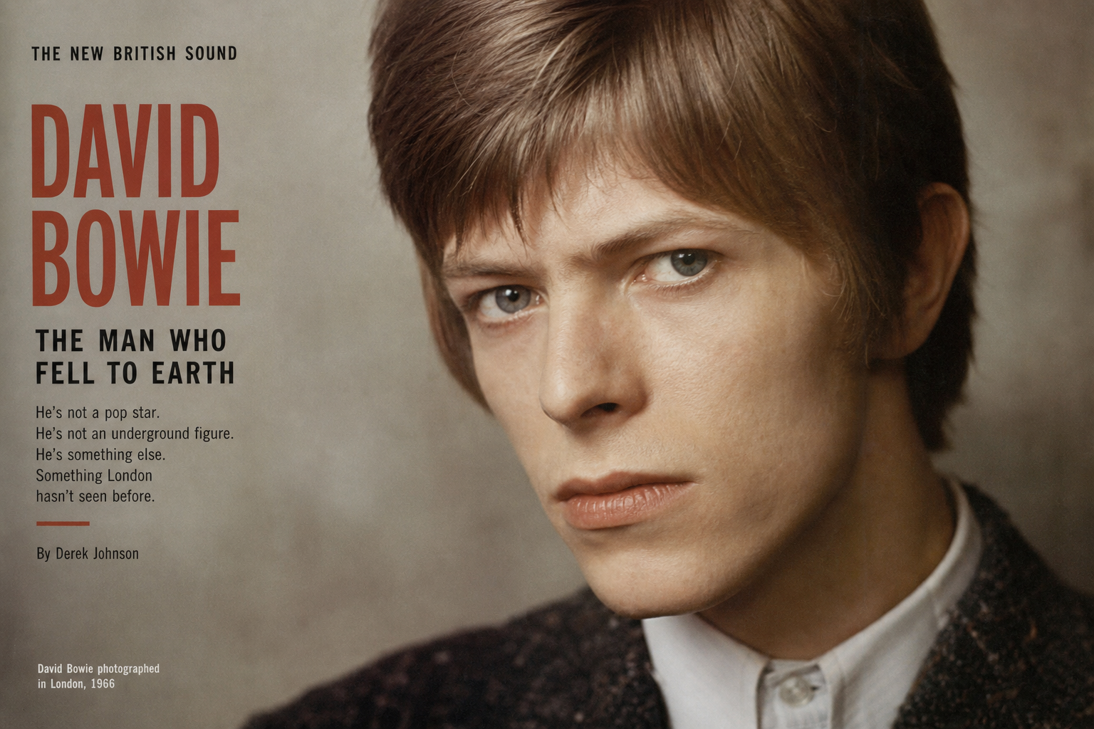 Close editorial portrait of David Bowie in his early career years