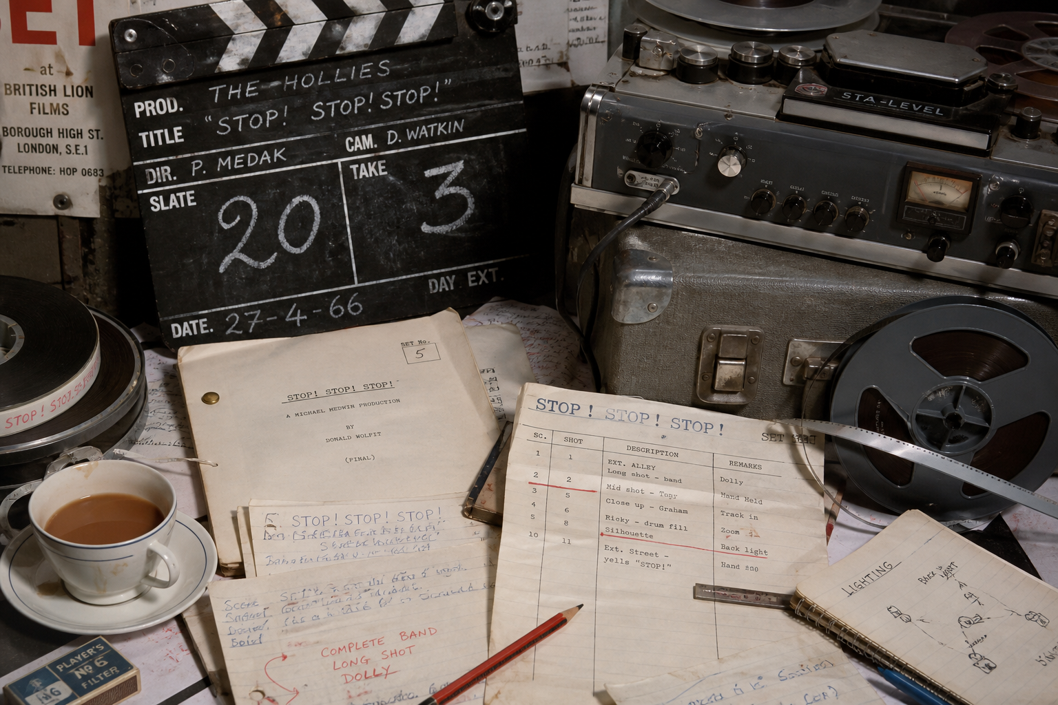 1960s promotional film equipment and script pages on a production table