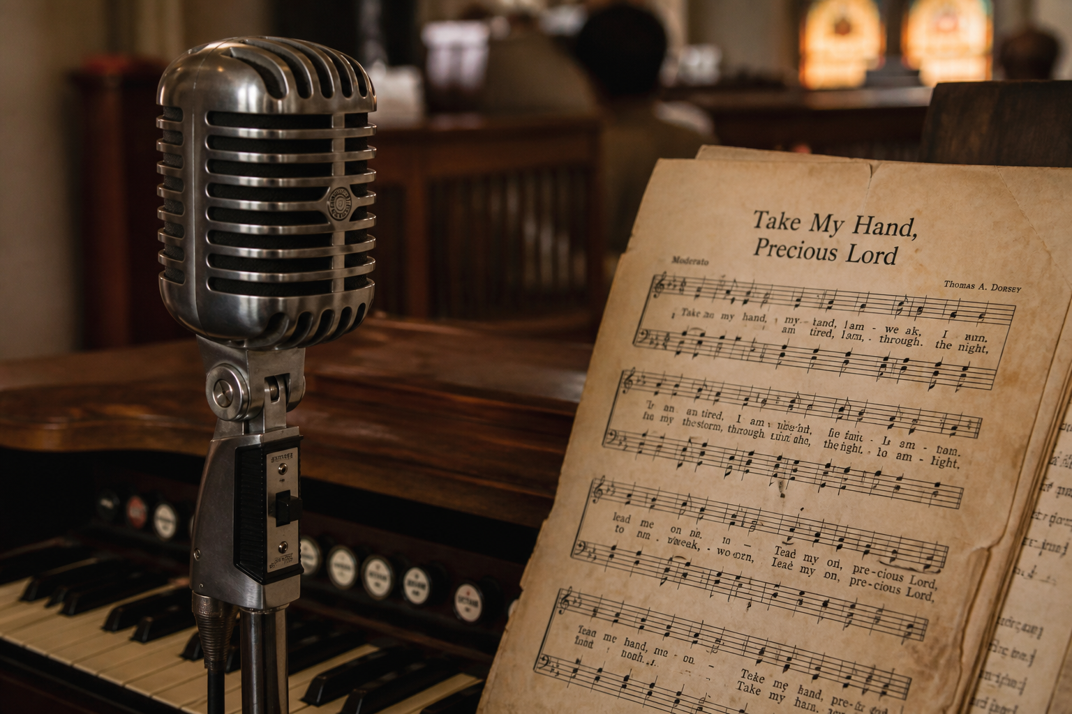 Vintage microphone and church organ during a soul gospel performance