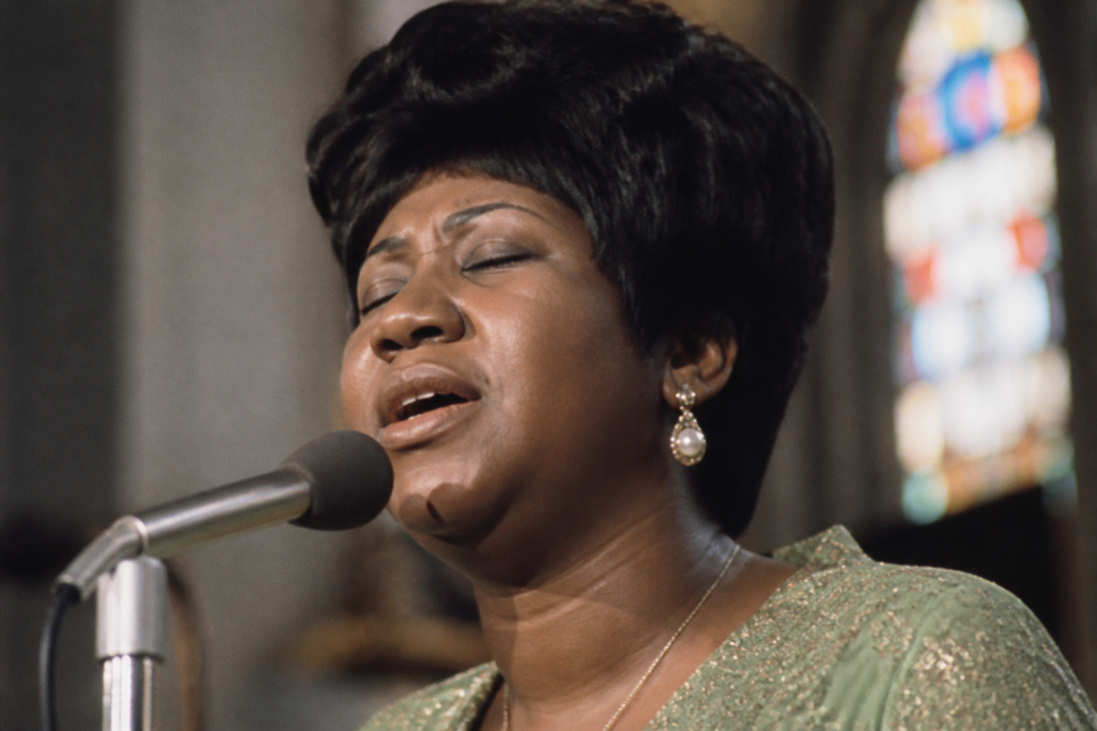 Aretha Franklin in a solemn gospel performance close-up