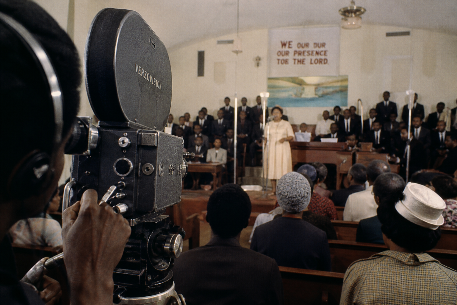 Historic concert film camera capturing a gospel performance in church