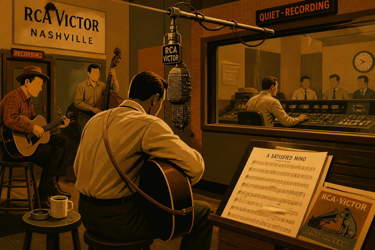 Illustrated RCA recording studio scene with microphone and musicians