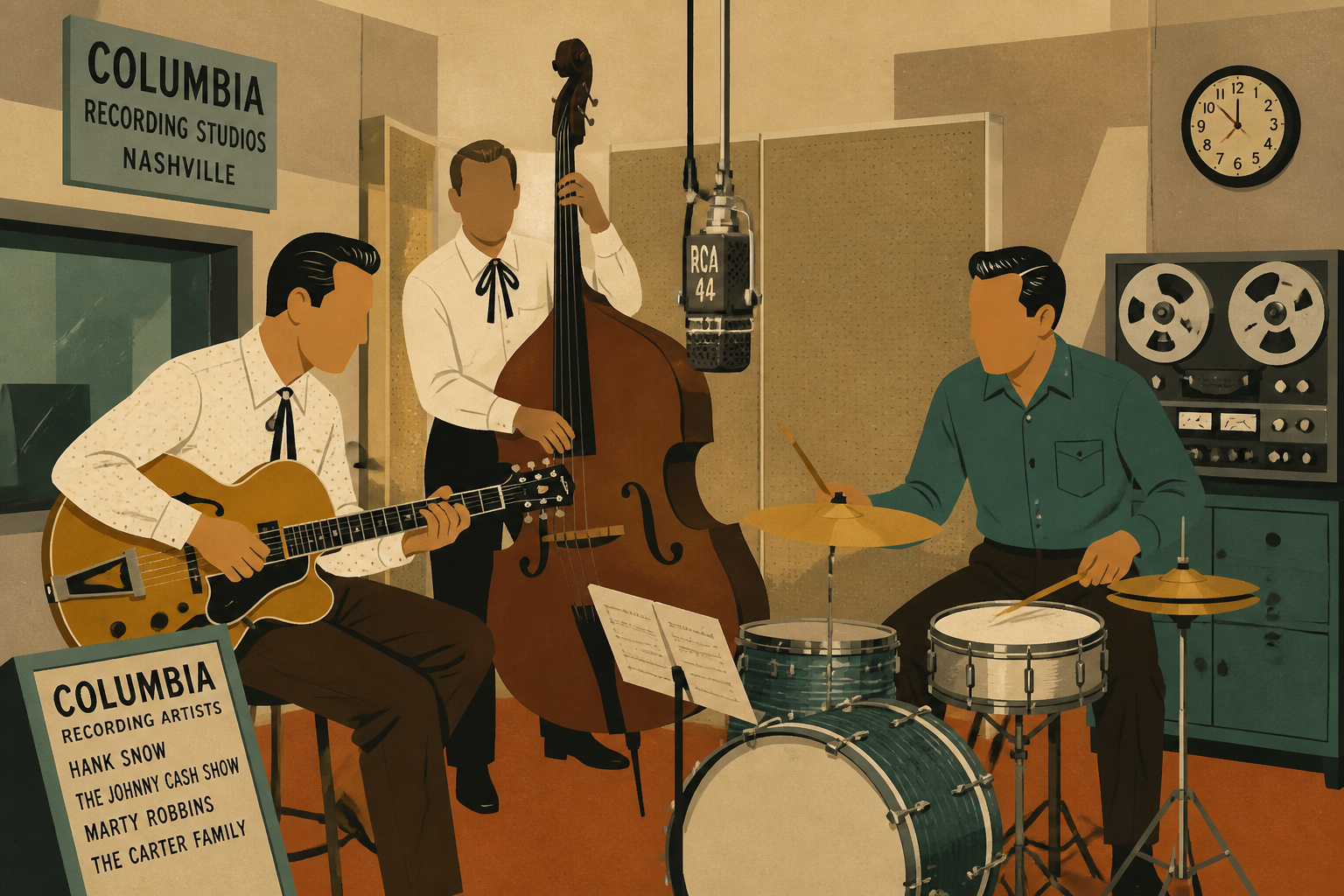 Illustrated Nashville session musicians around a microphone
