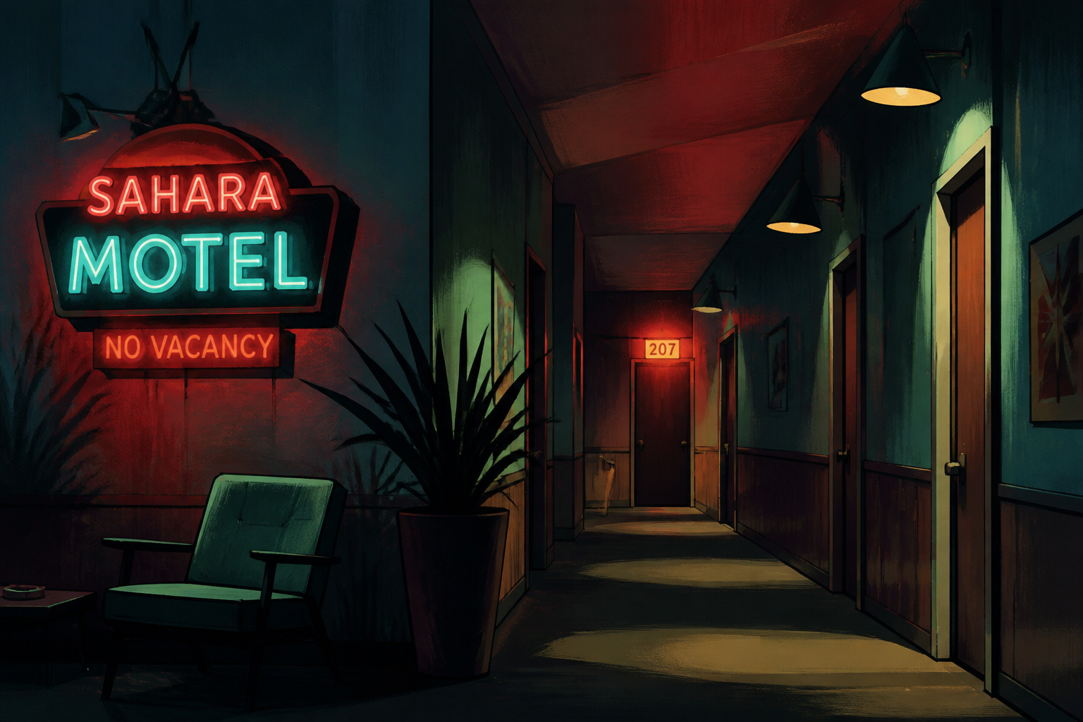 Illustrated lonely hotel hallway inspired by the song title